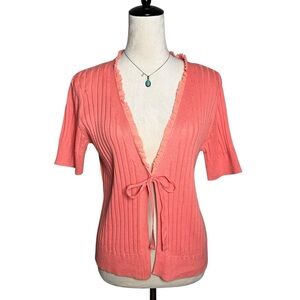 Van Heusen Coral Ribbed Tie Front Ruffle Cotton Knit Cardigan Top M Y2K Retro